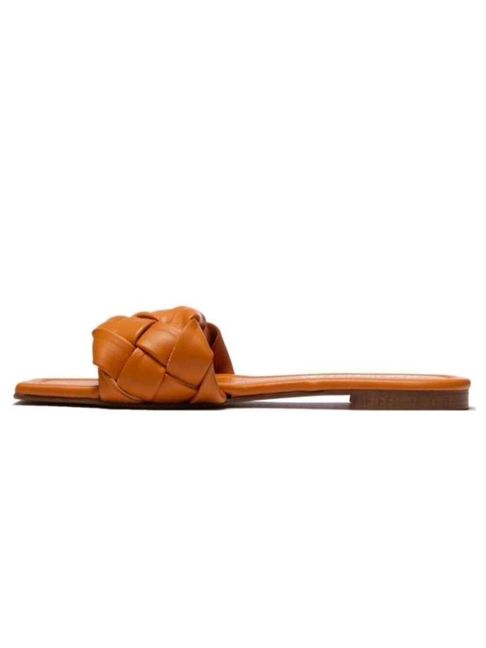 NWT L'Intervalle Italian made tan woven vegan leather flat slides sandals EU 40